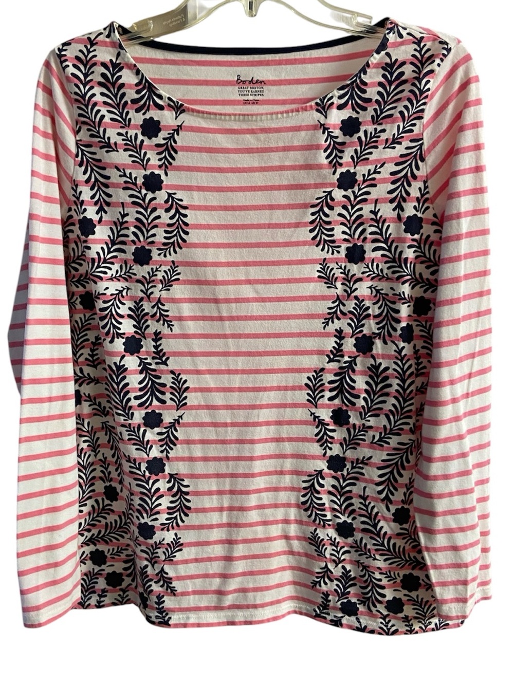 Boden striped floral pink navy boat neck top casual cotton Sz 10